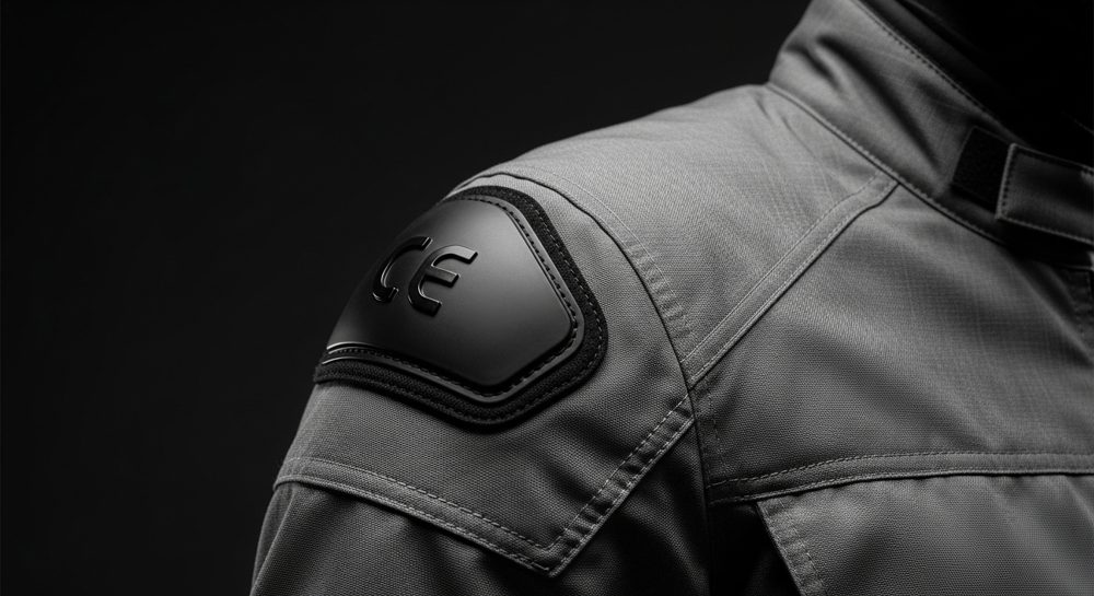 Proteccion CE en el hombro de una chaqueta de moto de cordura - guia OutletBiker