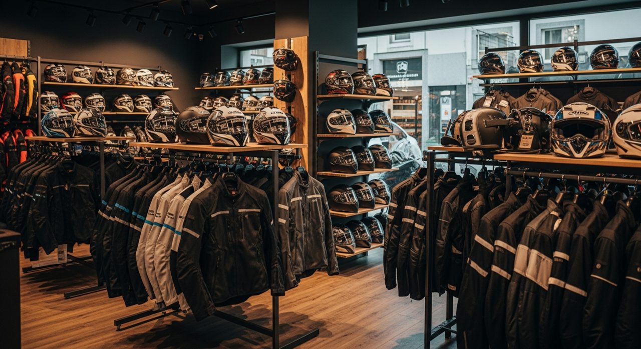 Interior de una tienda outlet de equipación de moto en Gijón con percheros de chaquetas y estanterías de cascos – OutletBiker