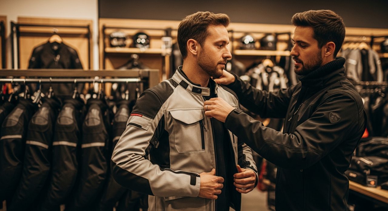 Motorista probándose una chaqueta de moto en el interior de una tienda de equipación en Asturias – OutletBiker