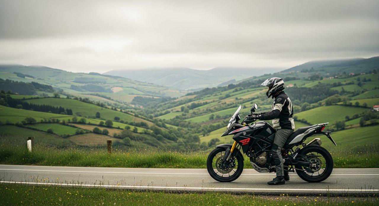 Motorista equipado junto a su moto en una carretera de Bizkaia con paisaje verde – OutletBiker