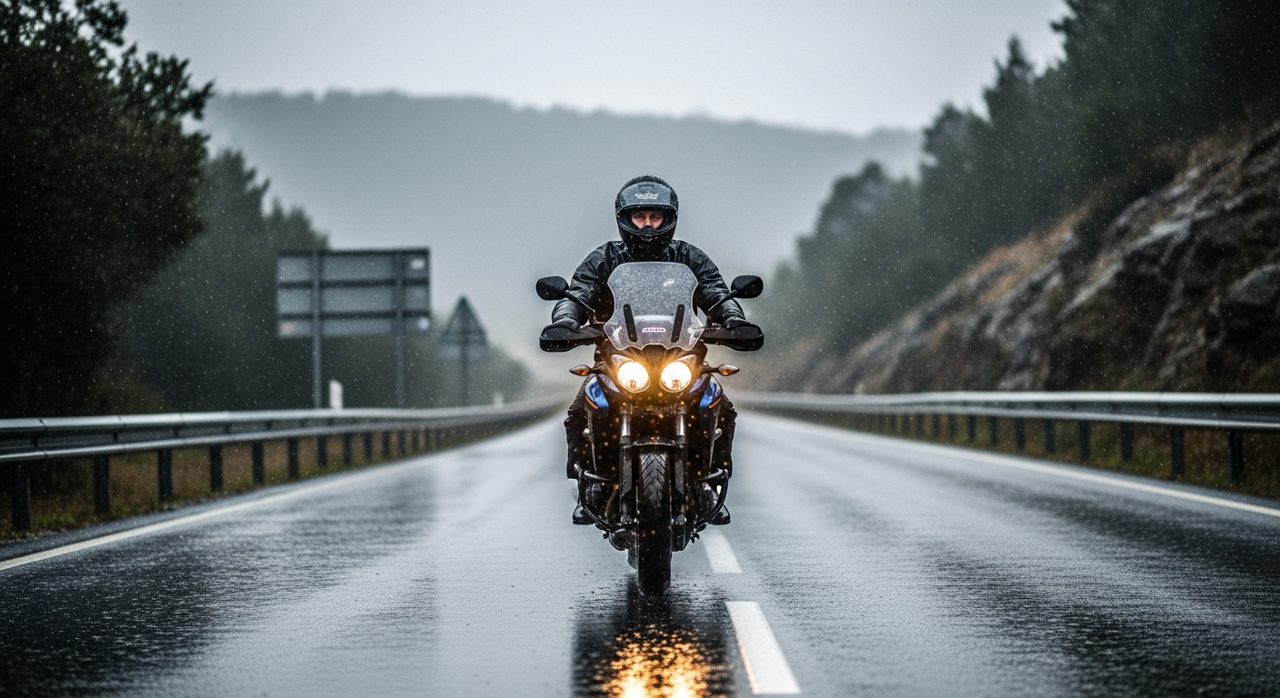 Motorista con chaqueta impermeable rodando bajo la lluvia en una carretera mojada de Asturias – OutletBiker