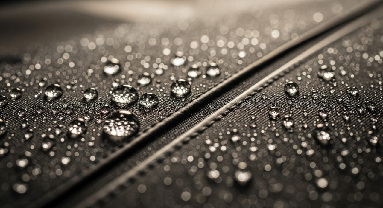 Chaqueta de moto impermeable con costuras selladas y agua resbalando por el tejido – OutletBiker