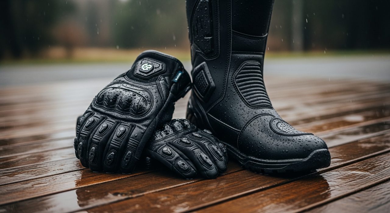 Guantes y botas de moto impermeables sobre una superficie mojada – OutletBiker