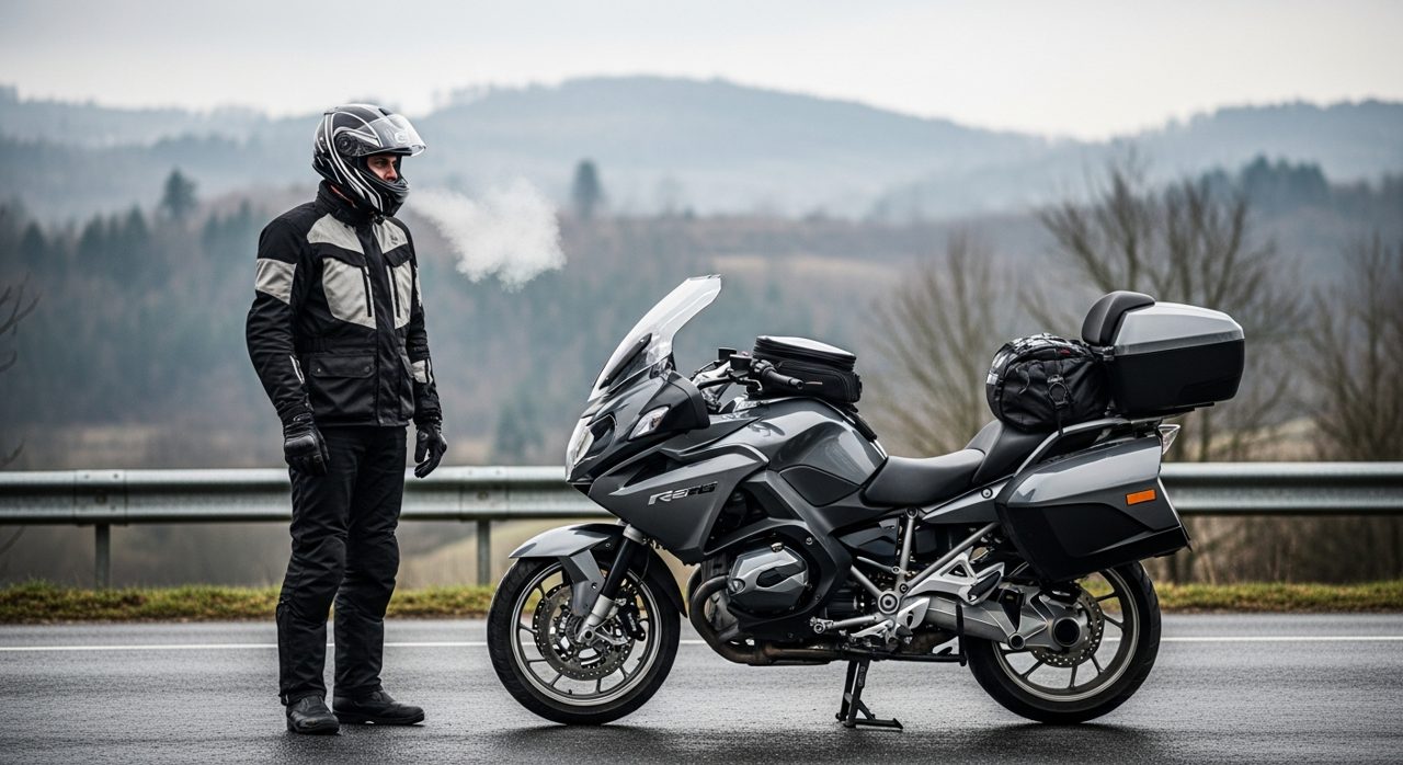 Motorista con equipación de invierno completa junto a su moto en un día frío del norte – OutletBiker