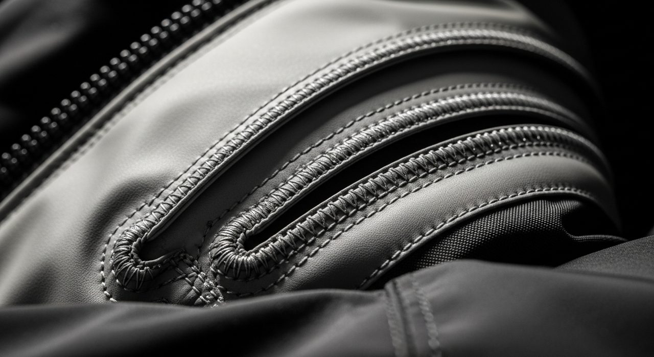 Detalle de costuras selladas impermeables en el interior de una chaqueta de moto – OutletBiker
