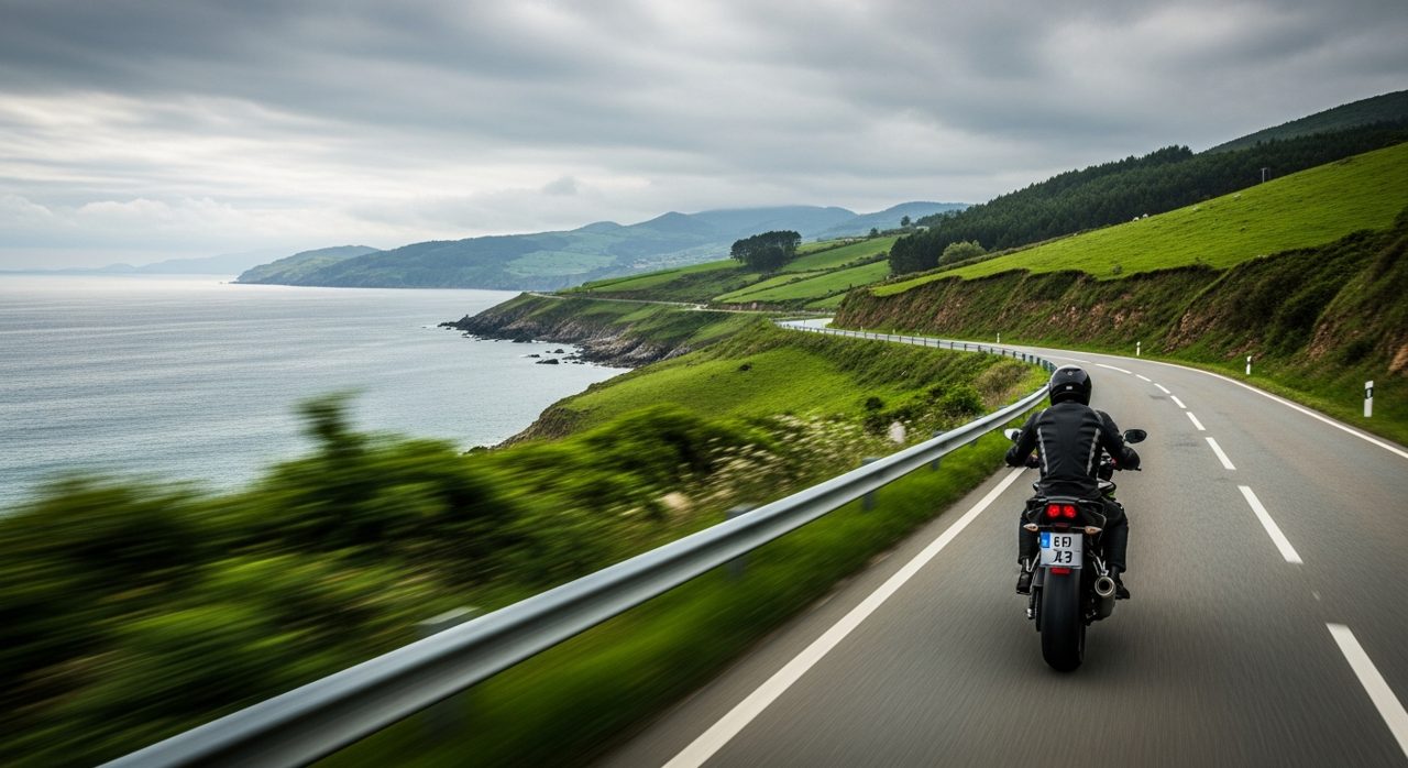 Motorista rodando por una carretera costera verde junto al mar Cantábrico con cielo nublado – OutletBiker
