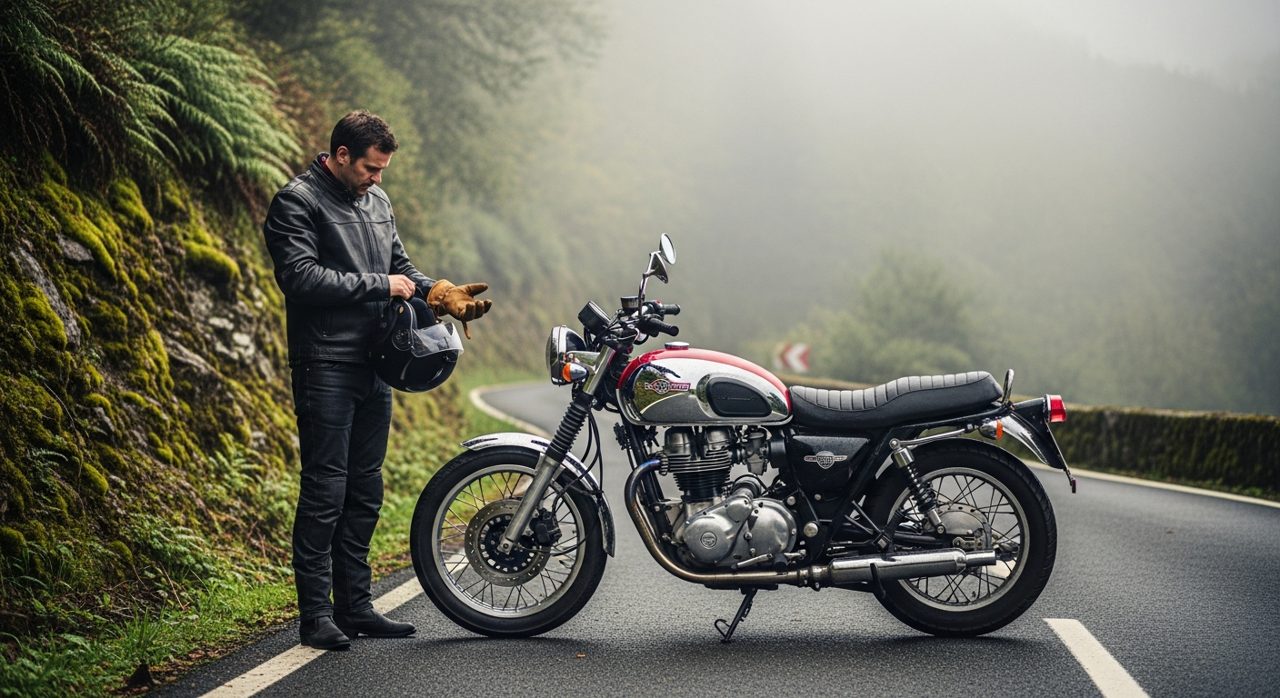 Motorista equipándose junto a su moto en una carretera de montaña con niebla – OutletBiker