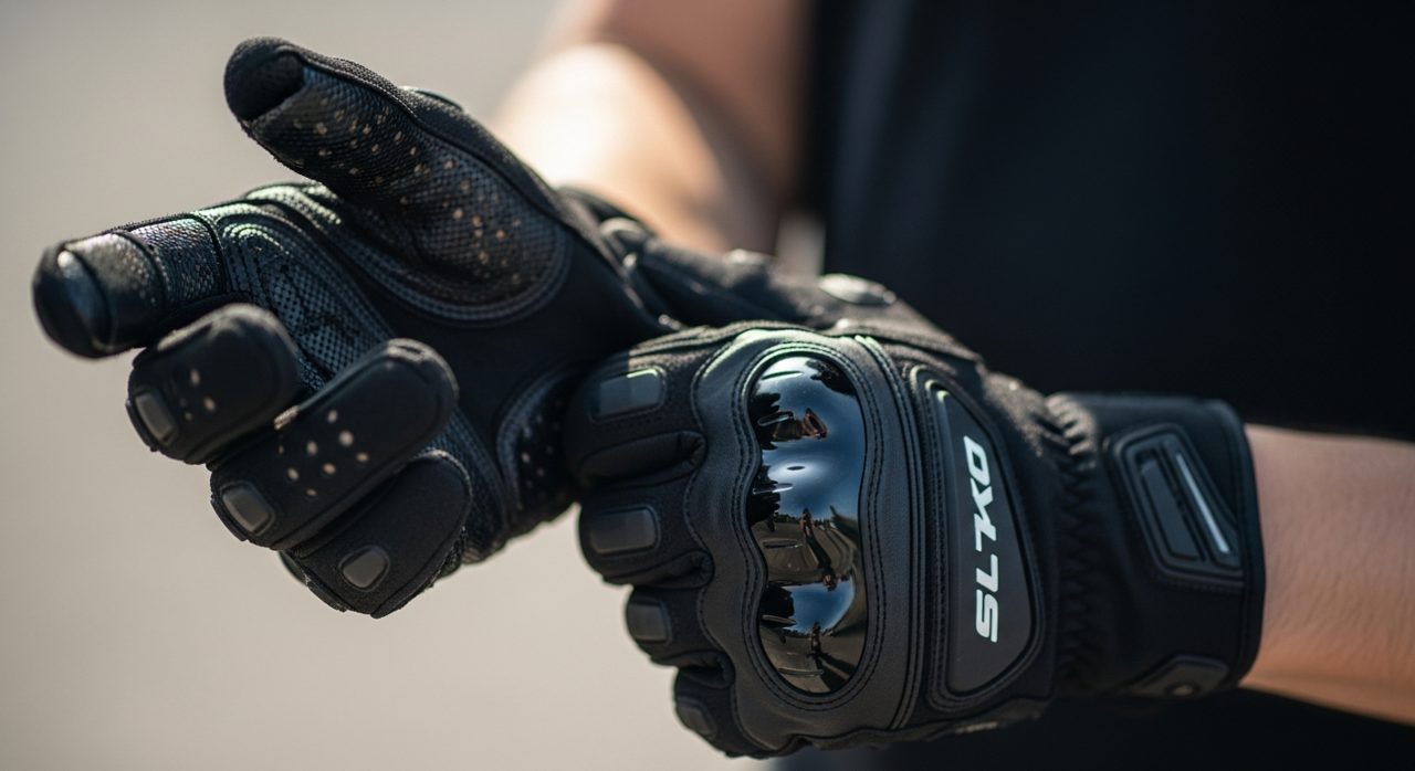 Motorista poniéndose un guante de moto de verano perforado – OutletBiker