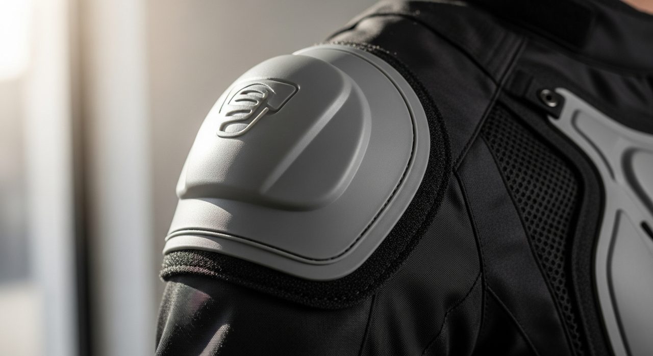 Detalle de la protección homologada CE en el hombro de una chaqueta de moto – OutletBiker