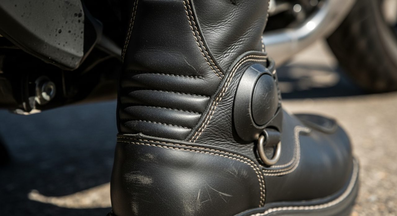 Detalle de la protección de tobillo y el refuerzo del talón de una bota de moto touring – OutletBiker