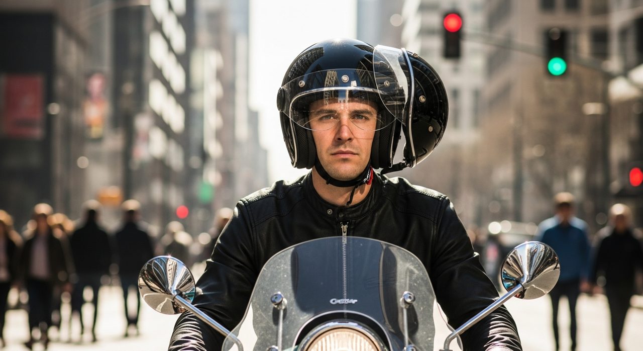 Motorista con casco jet abierto circulando por ciudad – OutletBiker