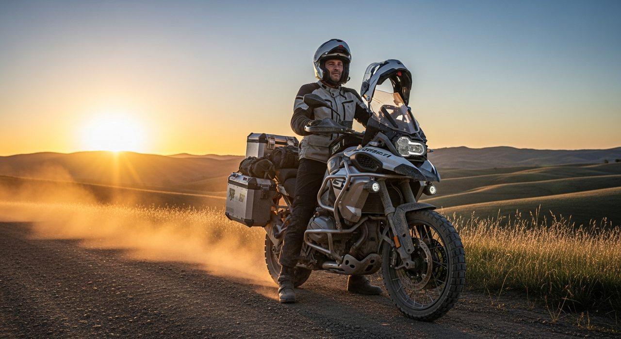 Motorista de ruta con casco modular sobre una moto trail – OutletBiker