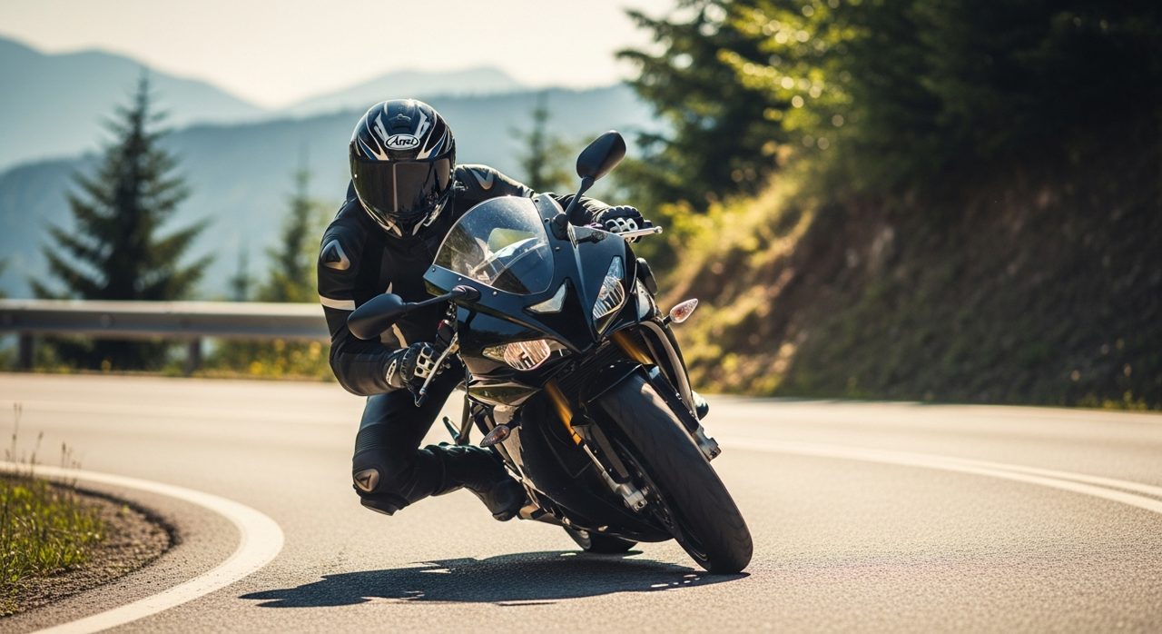 Motorista deportivo con casco integral en una carretera de montaña – OutletBiker