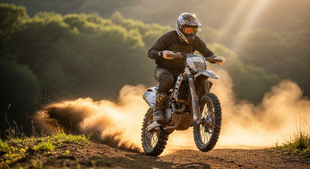 Motorista de enduro en un camino de tierra con casco de cross y gafas – OutletBiker
