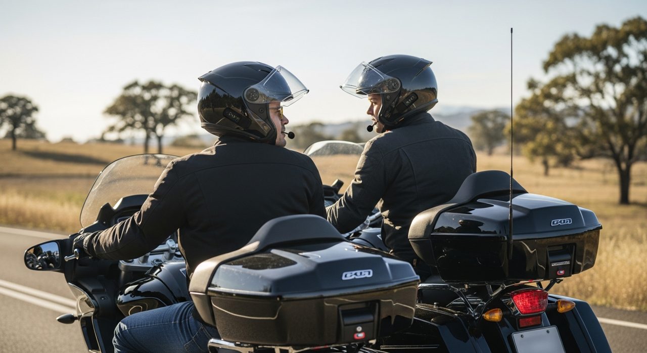 Dos motoristas rodando juntos y comunicándose con intercomunicador – OutletBiker
