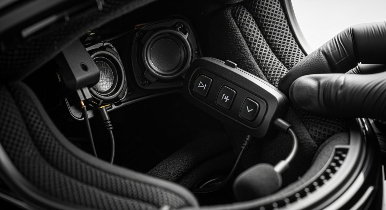 Detalle de los altavoces y el mando de un intercomunicador dentro del casco – OutletBiker