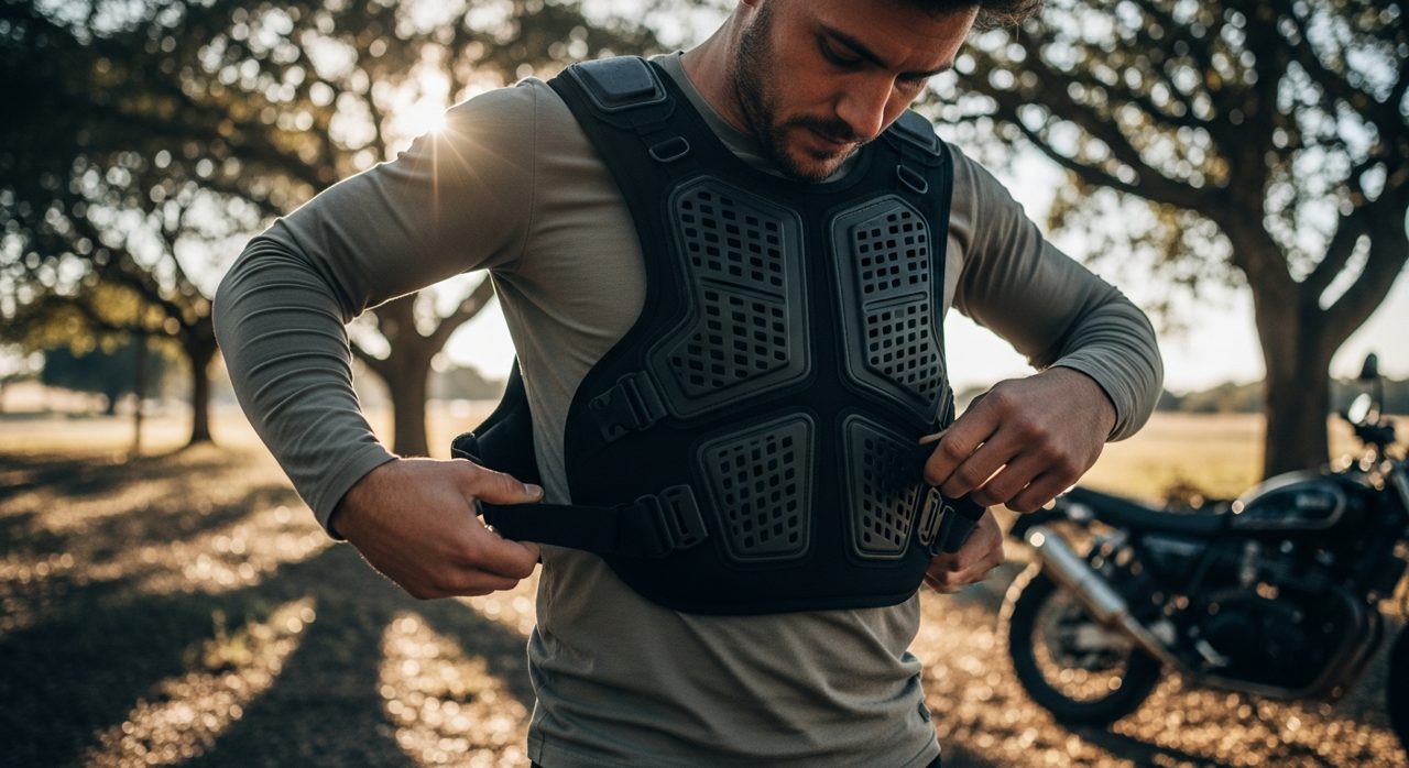 Motorista poniéndose un peto con espaldera antes de rodar – OutletBiker