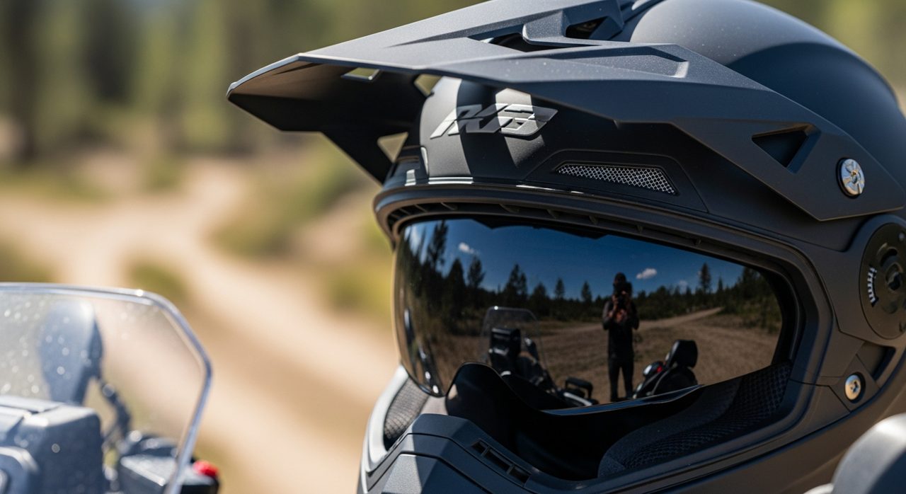 Detalle de la visera y la amplia pantalla de un casco adventure – OutletBiker