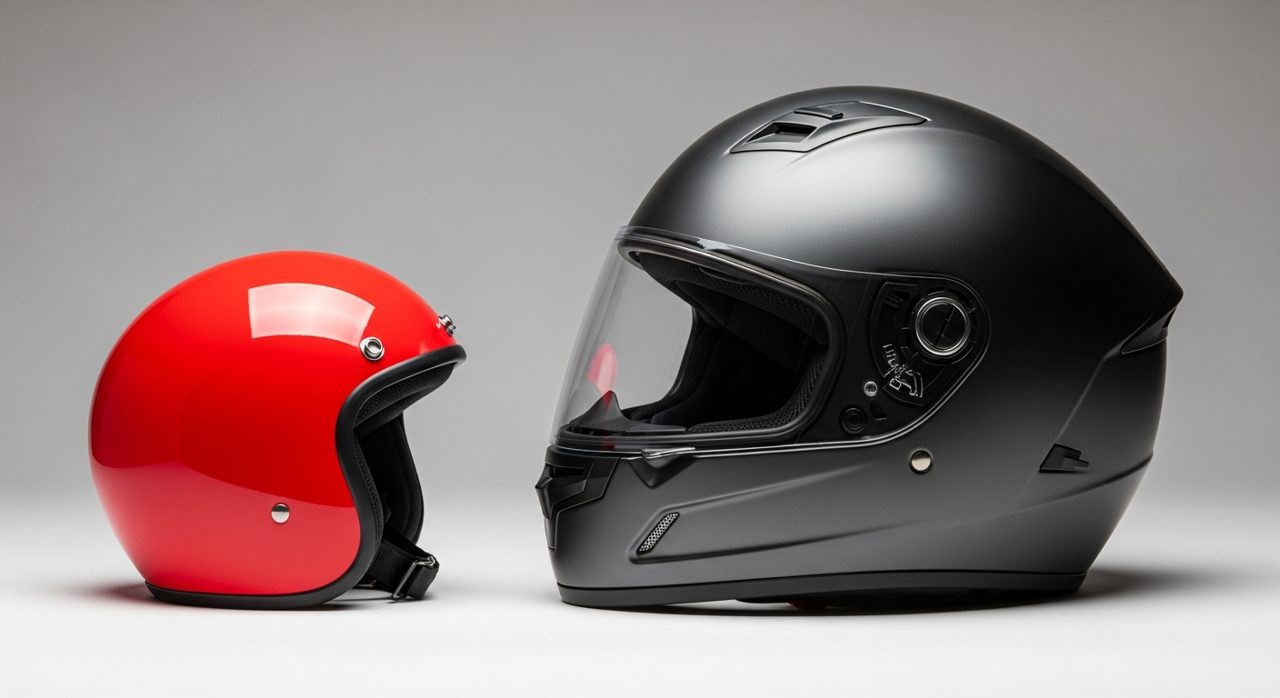 Casco de moto infantil junto a uno de adulto mostrando la diferencia de talla – OutletBiker
