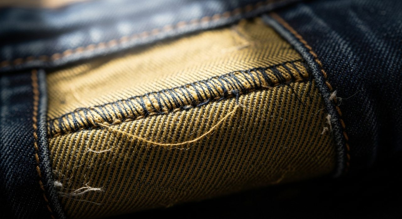 Detalle del forro de aramida en el interior de unos vaqueros de moto – OutletBiker
