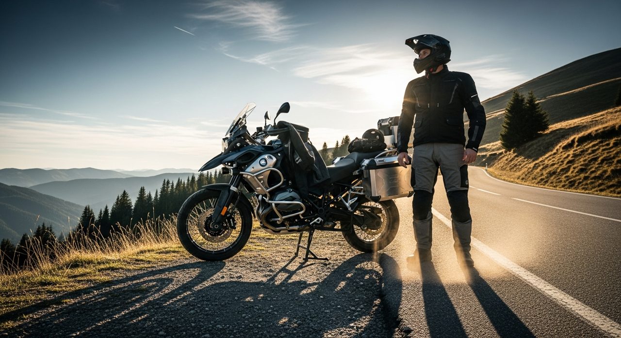 Motorista de ruta con pantalón de moto técnico completo junto a su moto – OutletBiker