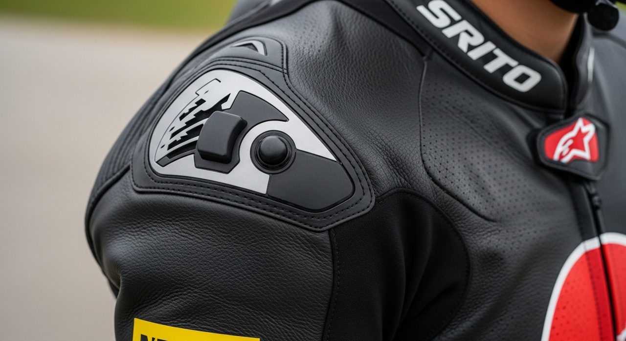 Detalle de las deslizaderas de hombro y codo de un mono de moto racing – OutletBiker
