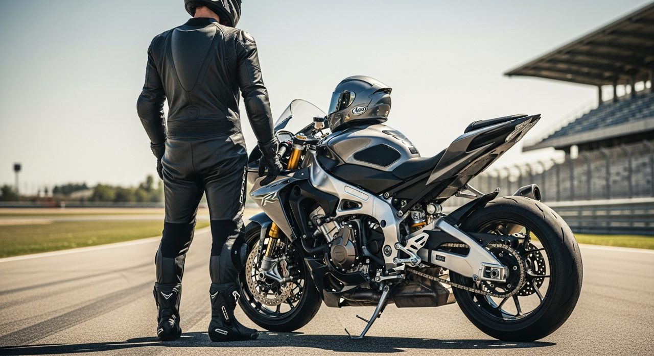 Piloto con mono de cuero de una pieza junto a una moto deportiva en circuito – OutletBiker