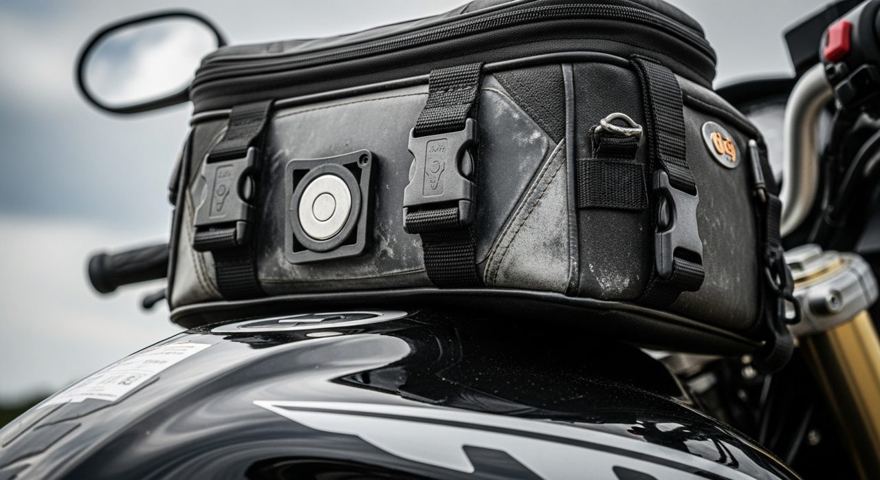 Detalle de una bolsa sobredepósito impermeable con anclaje magnético – OutletBiker
