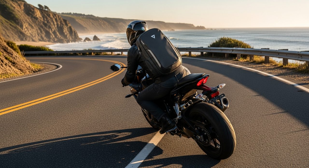 Motorista con una mochila de moto aerodinámica en carretera – OutletBiker