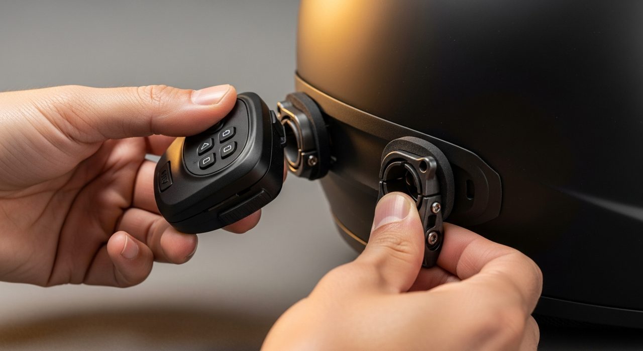 Manos instalando el soporte de un intercomunicador en un casco de moto – OutletBiker
