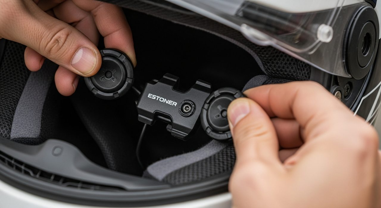 Detalle de los altavoces del intercomunicador colocados en las orejeras del casco – OutletBiker
