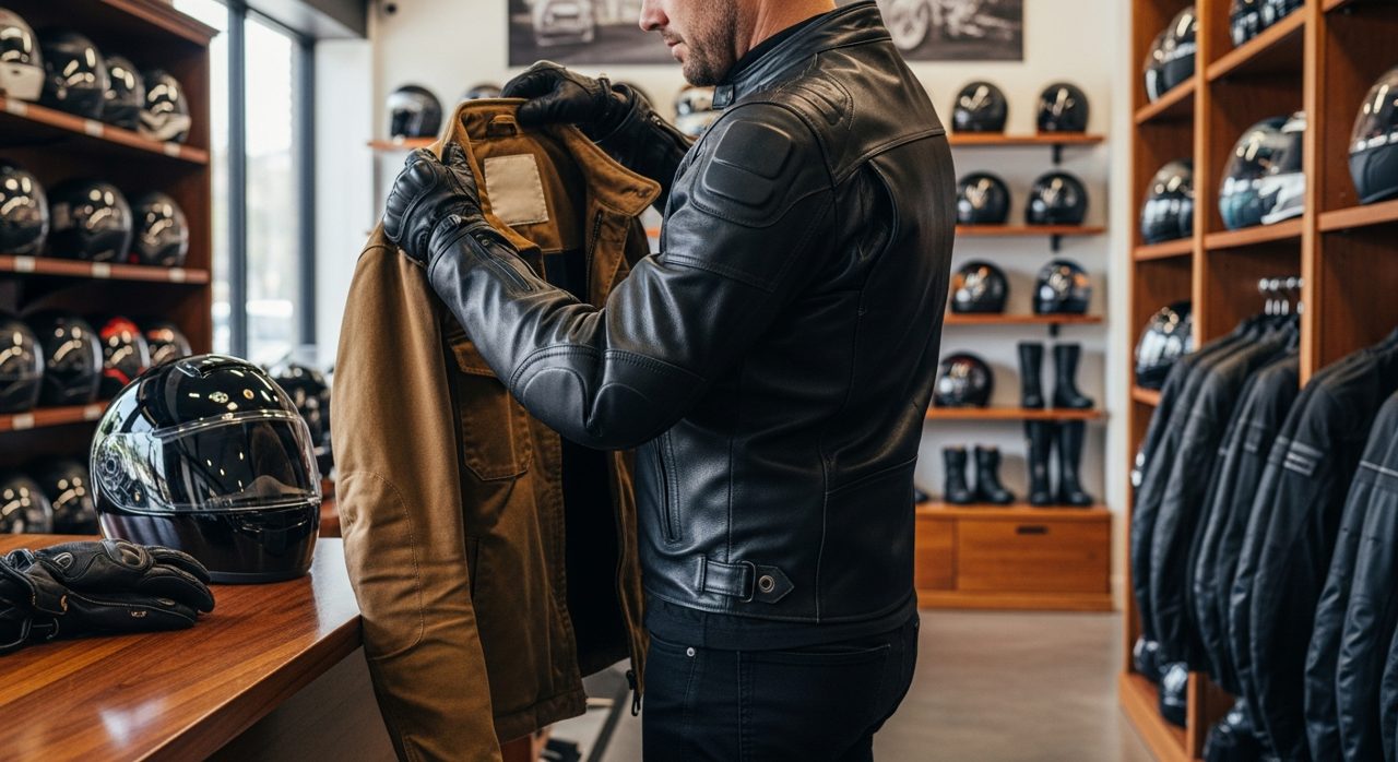 Motorista comprobando la etiqueta de homologación de una chaqueta en la tienda – OutletBiker