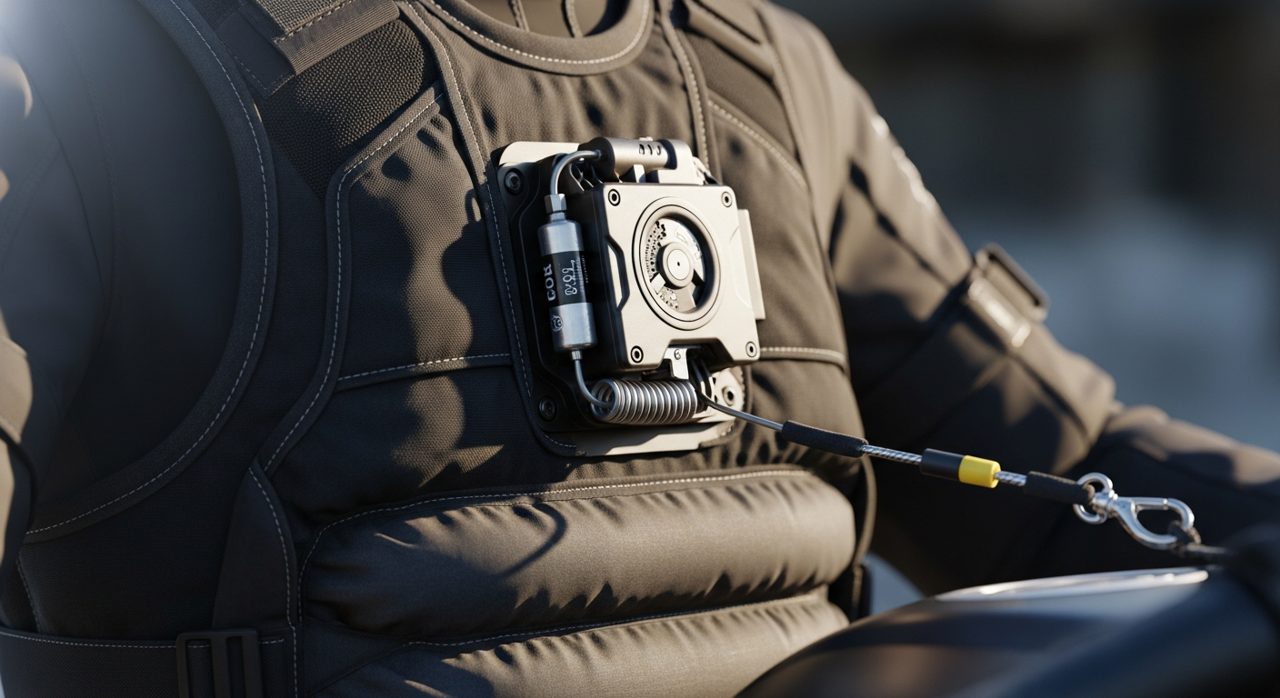 Detalle del sistema de inflado y el enganche de un chaleco airbag de moto – OutletBiker