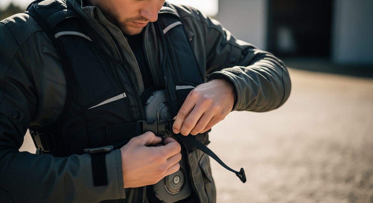 Motorista abrochándose un chaleco airbag antes de rodar – OutletBiker