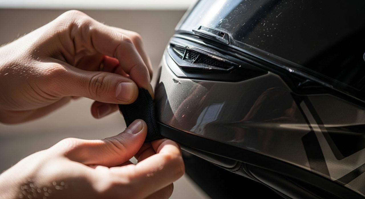 Manos revisando las correas y la carcasa de un casco de moto en busca de desgaste – OutletBiker