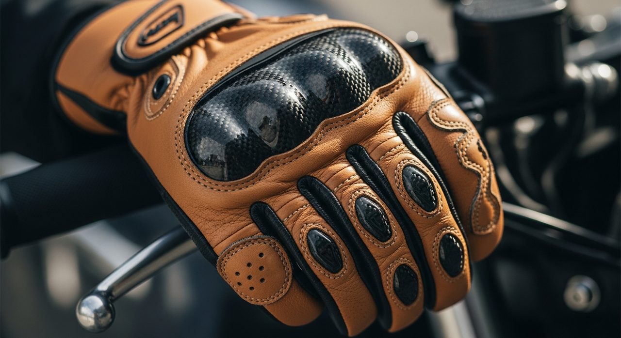Detalle de guantes de moto de cuero con protección de nudillos – OutletBiker