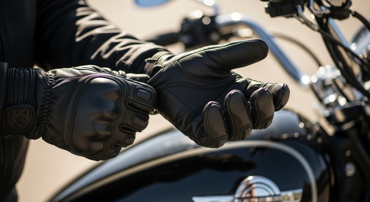 Motorista poniéndose unos guantes de moto de calidad – OutletBiker