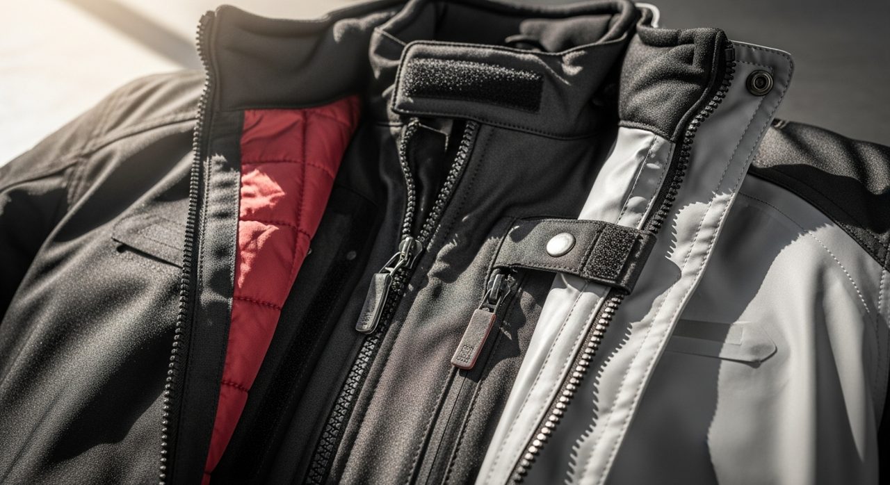 Detalle de una chaqueta de cuatro estaciones con capas térmica e impermeable desmontables – OutletBiker