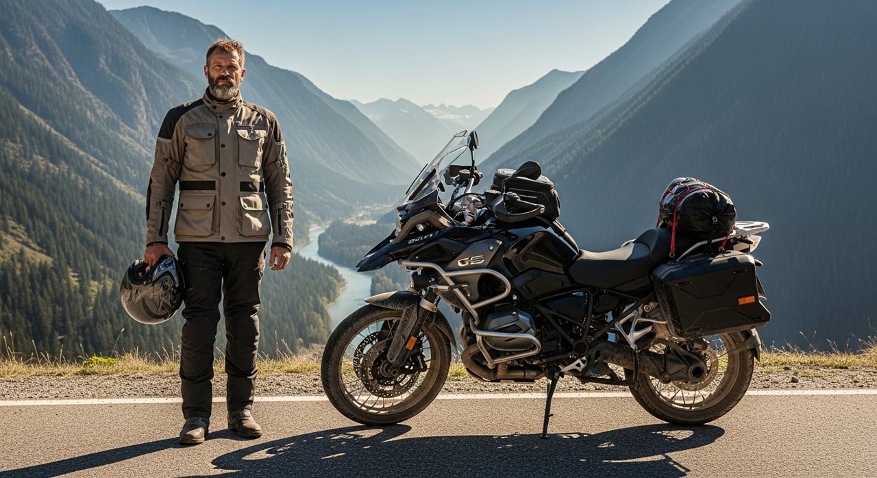 Motorista con una chaqueta de moto de cuatro estaciones junto a su moto – OutletBiker