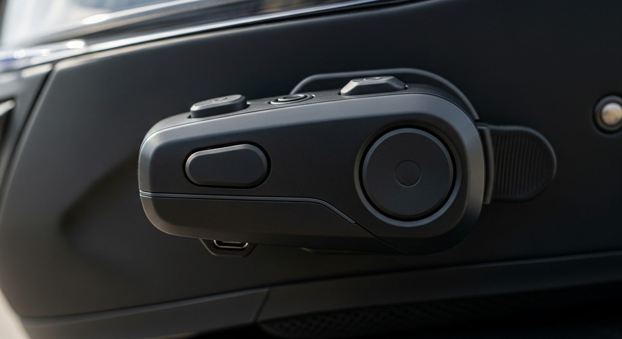 Detalle de un intercomunicador de moto moderno montado en un casco – OutletBiker