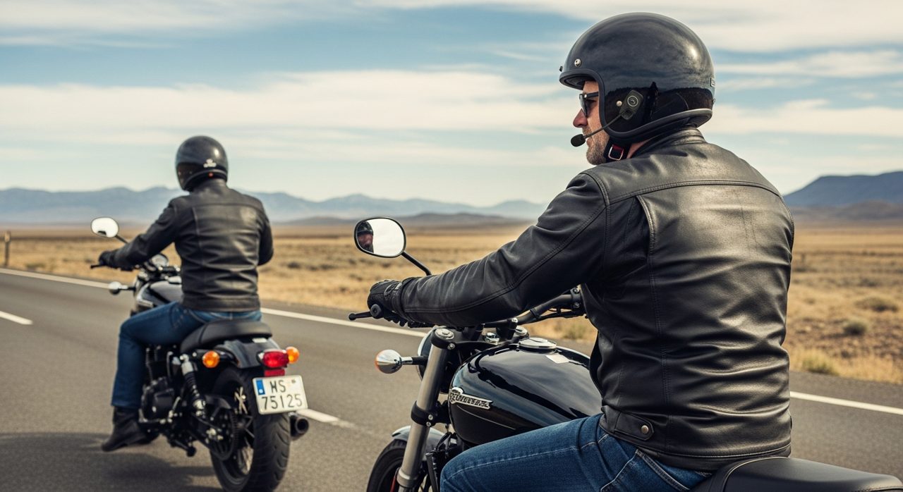 Dos motoristas comunicándose con intercomunicador en carretera abierta – OutletBiker