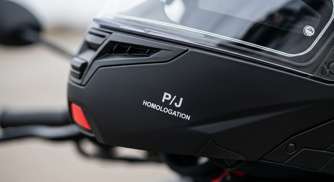 Detalle del mecanismo de mentonera abatible y homologación P/J de un casco modular – OutletBiker