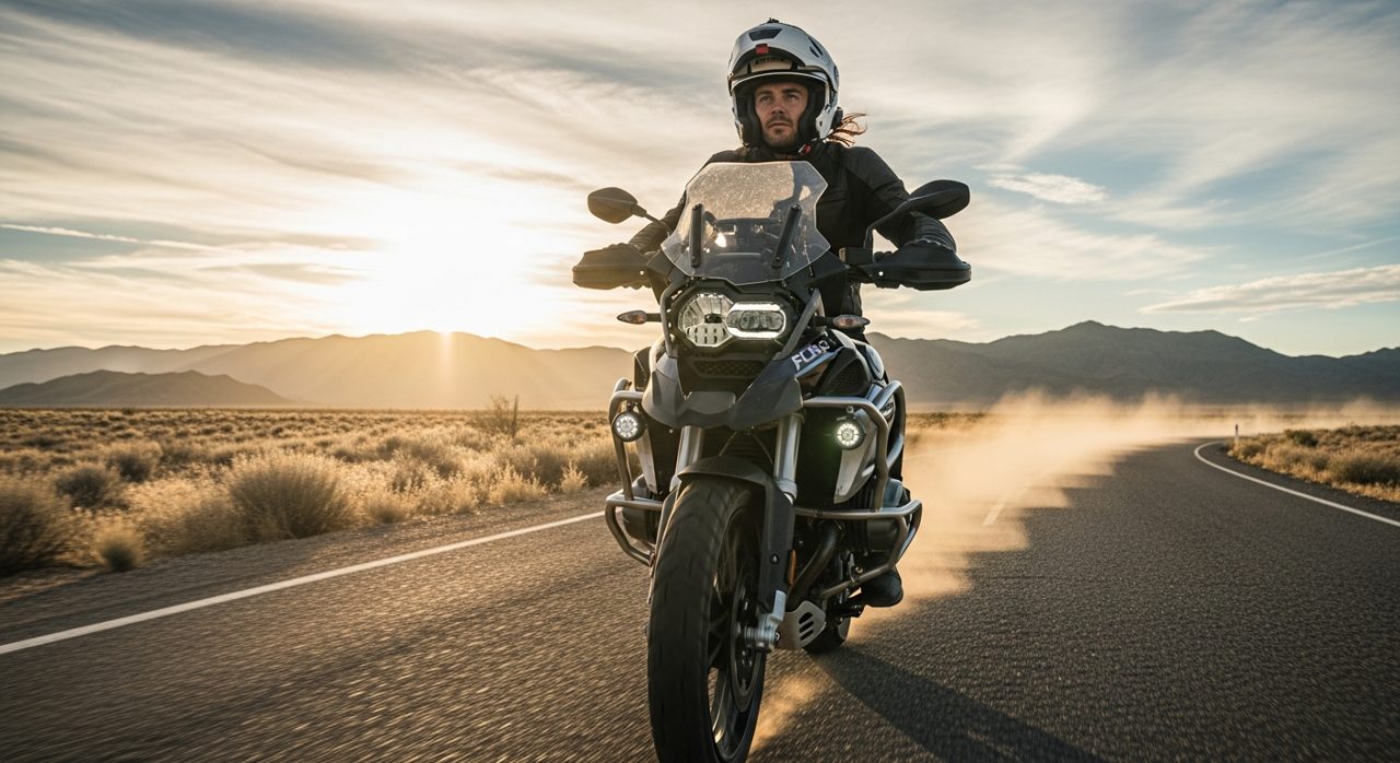 Motorista de ruta con casco modular sobre una moto trail – OutletBiker