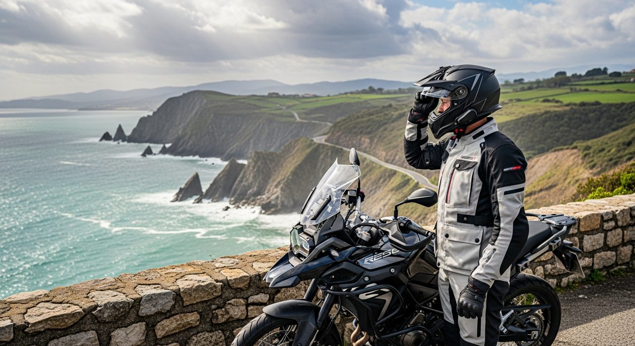 Motorista parado en un mirador costero de Asturias con la equipación puesta – OutletBiker