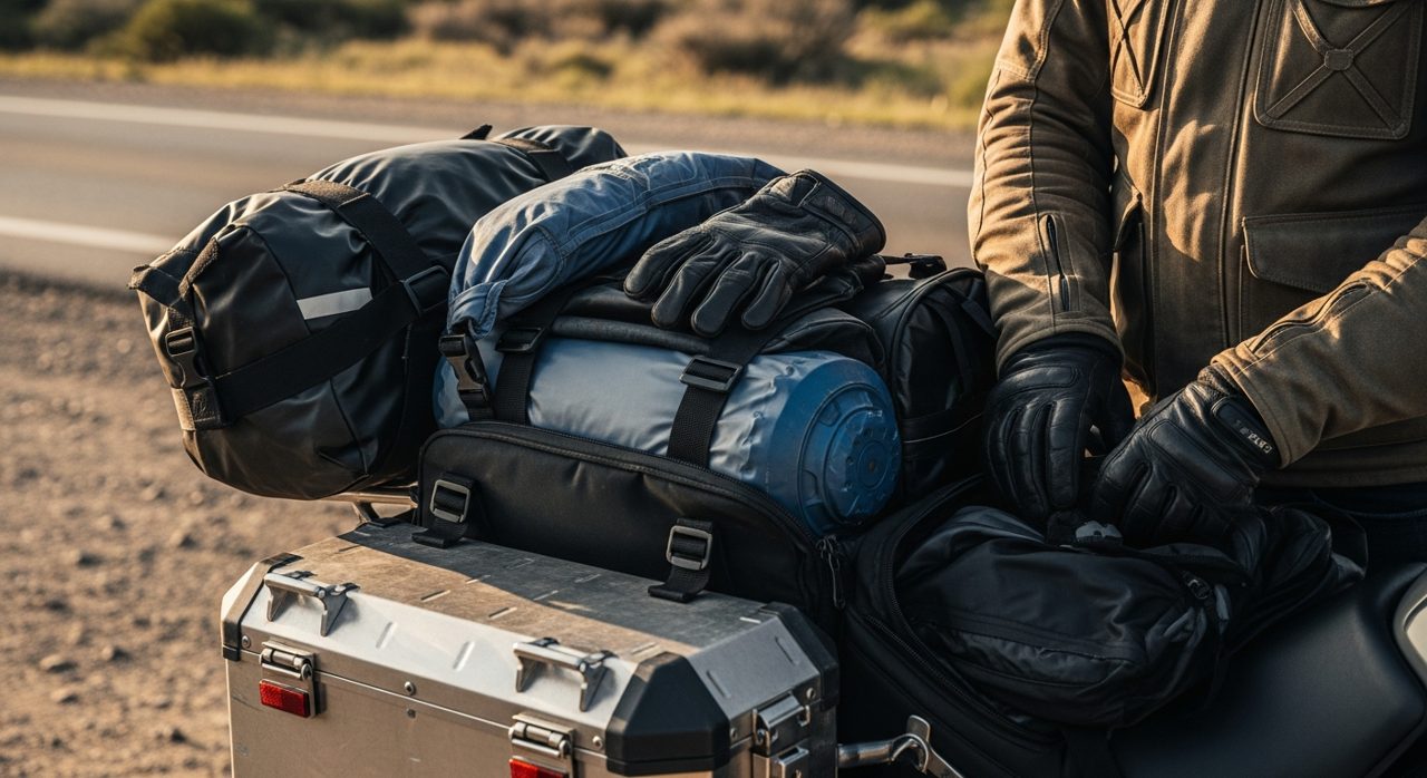 Guardando equipación impermeable en las alforjas antes de una ruta – OutletBiker