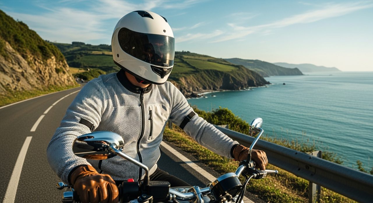 Motorista con equipación de verano ventilada en una carretera costera del norte con sol – OutletBiker