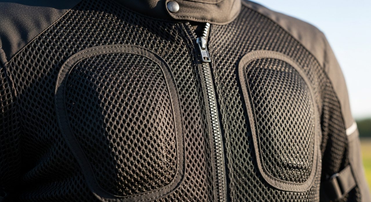 Detalle de una chaqueta de moto de verano de rejilla ventilada con protecciones – OutletBiker