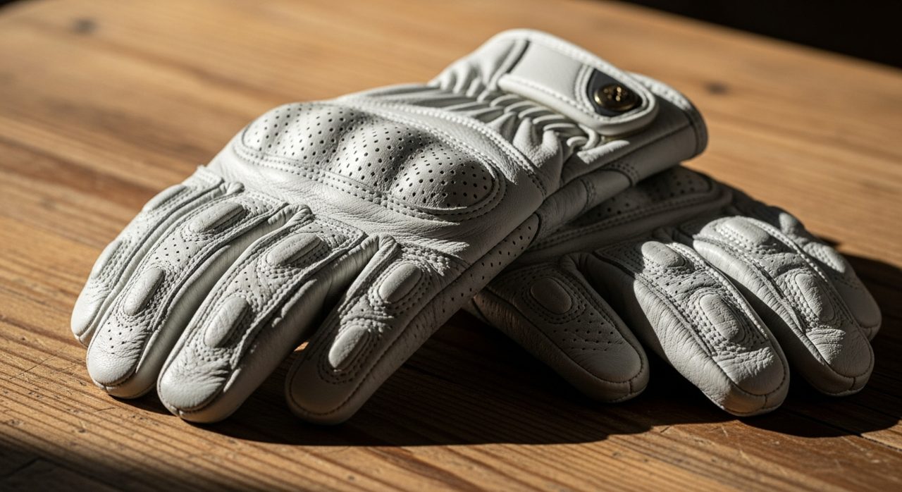 Guantes de moto de verano perforados sobre una mesa de madera – OutletBiker