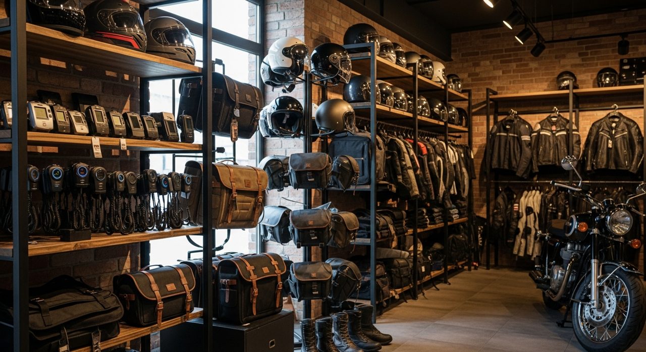 Interior de una tienda de accesorios de moto con estanterías de intercomunicadores, mochilas y protecciones – OutletBiker