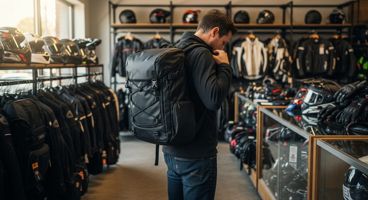 Cliente probándose una mochila de moto en la tienda – OutletBiker